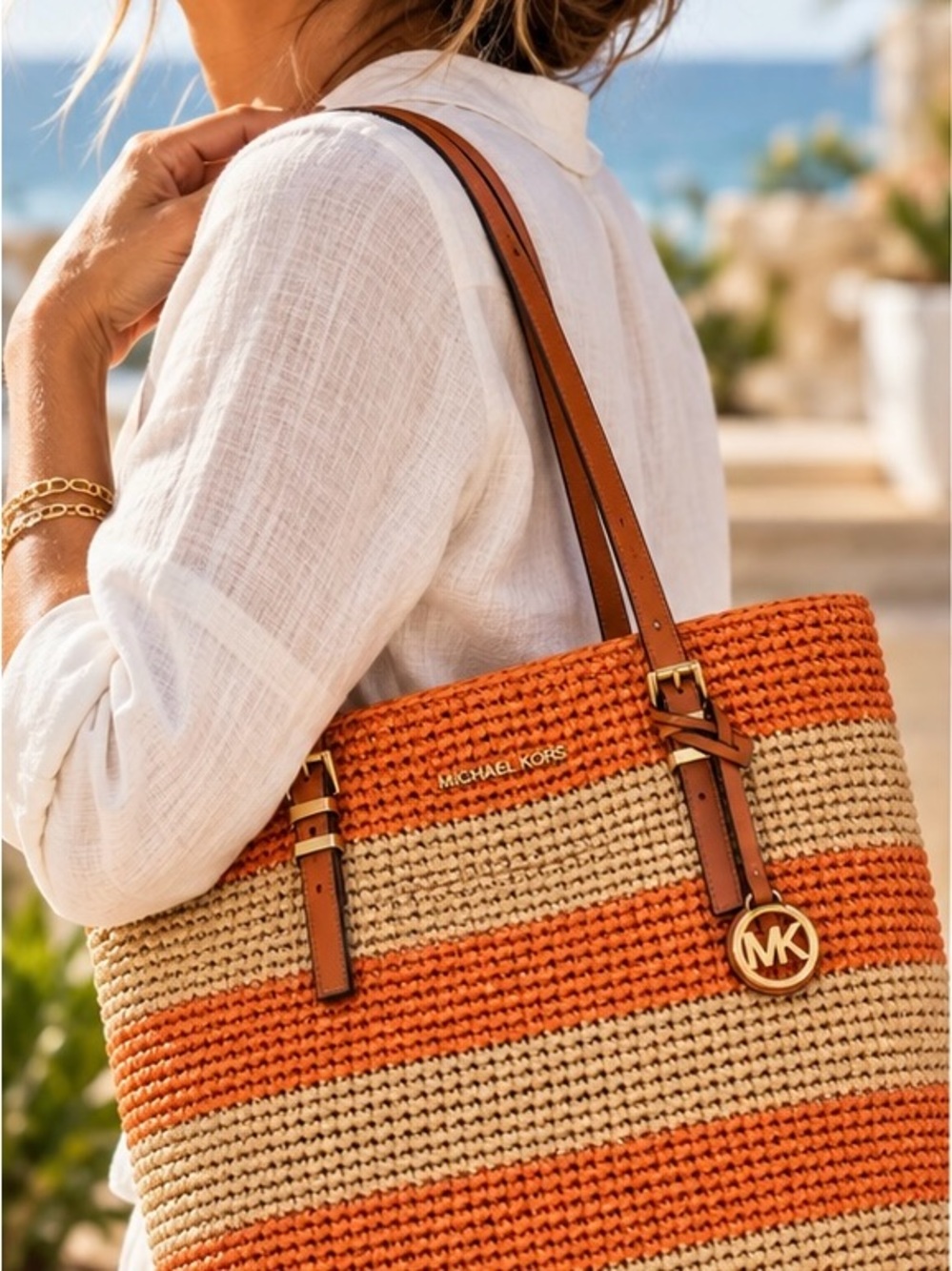 Michael Kors Quinn Straw Tote Orange Stripe Large Beach Travel  Bag Bold Coastal - Picture 2 of 10